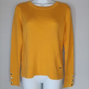 Rib Knit Crewneck Sweater with Snap Cuff Detail